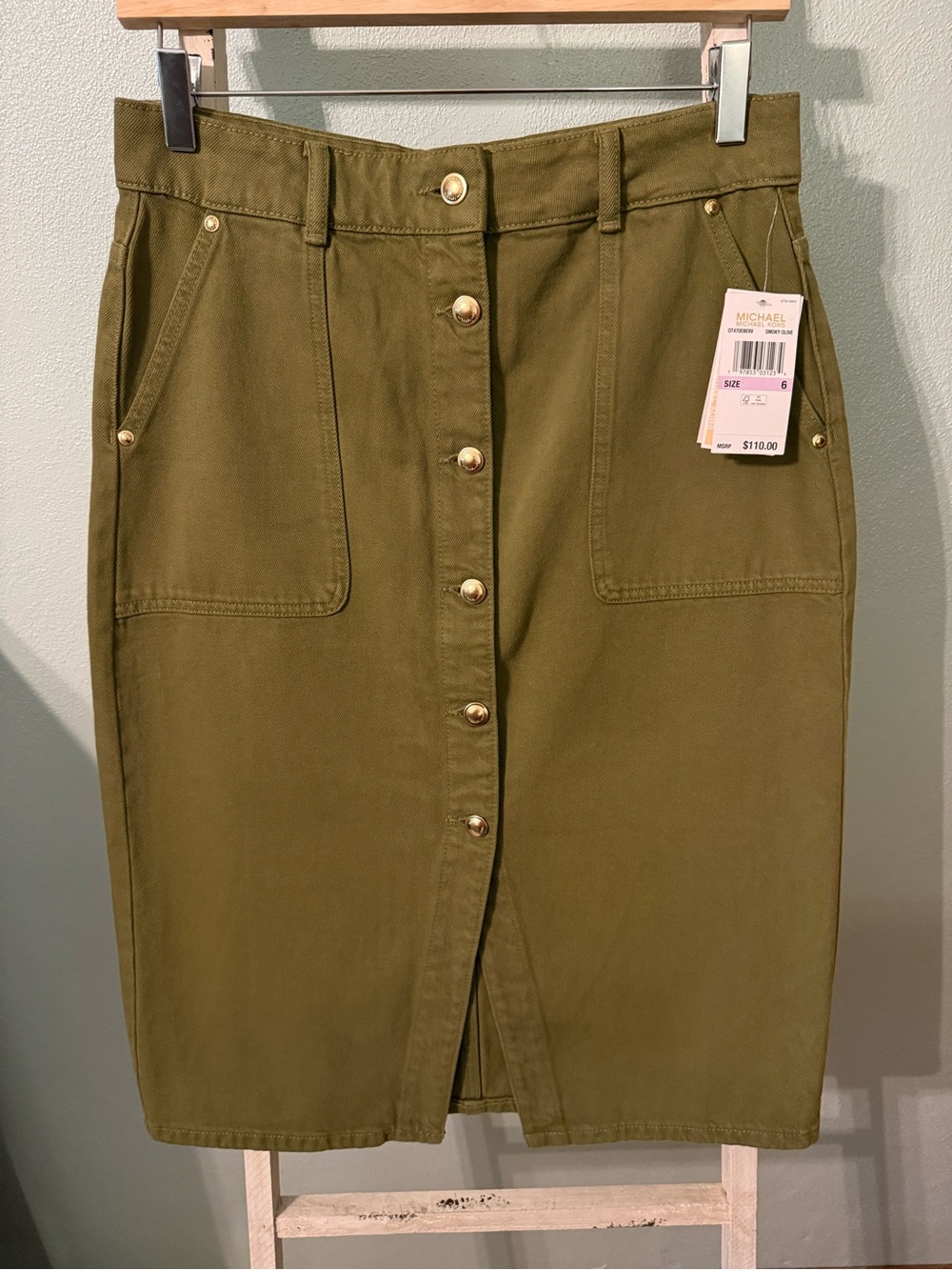 NWT Michael Kors Olive Green Button Front Denim Utility Skirt Pockets Size 6